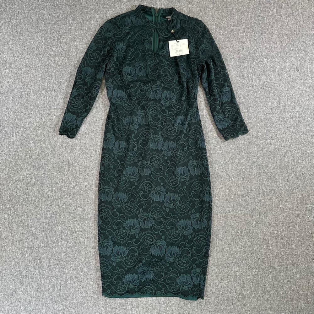 Kensie Melanie Lyne Green Lace Sheath Dress Long Sleeve Keyhole Midi Size 2 NWT
